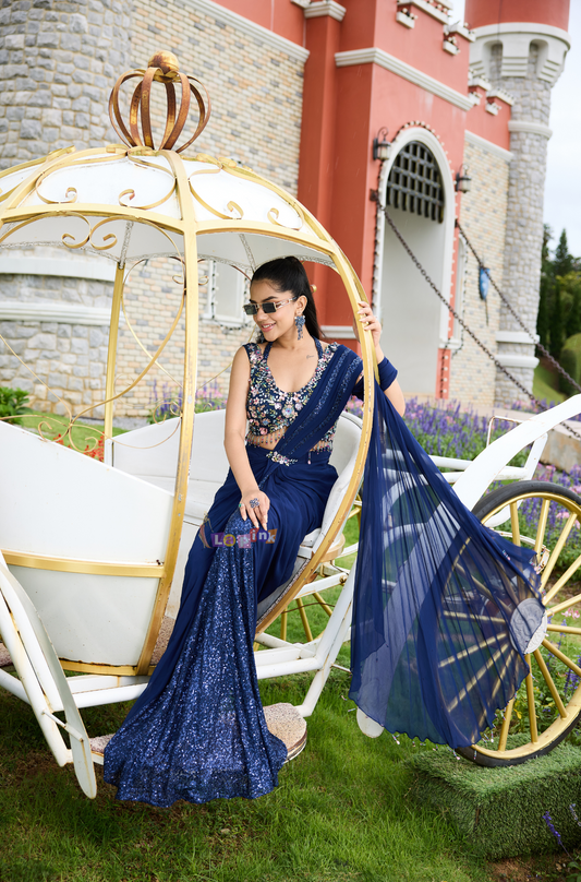 Navy Blue Designer Pre-Draped Saree