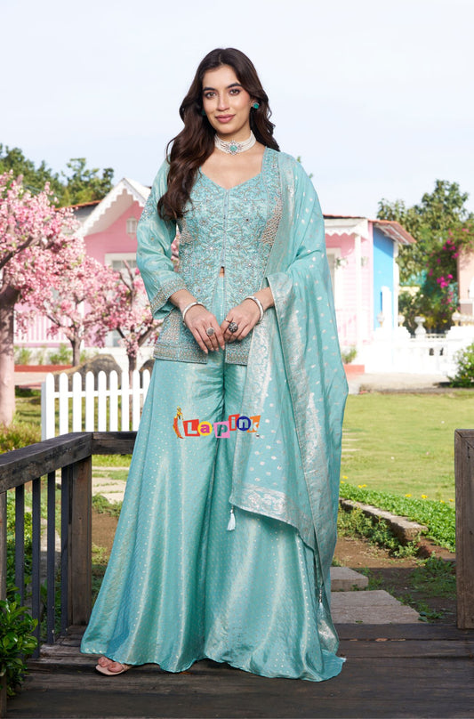 Multi Moti & Stone Embroidered Shimmer Peplum Suit Set
