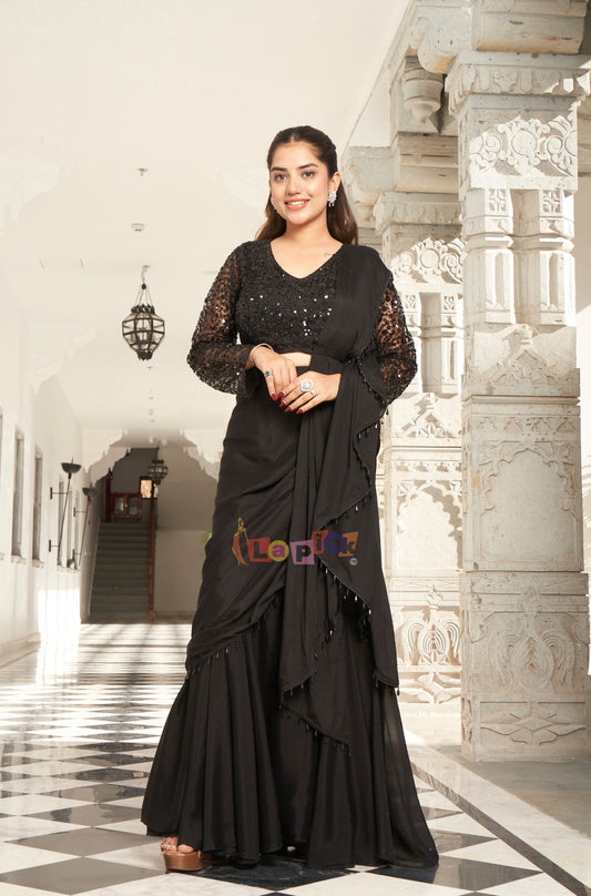 Black Full Sleeve Pre-Draped Saree