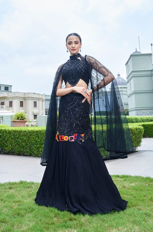 Designer Black Crop Top Fish Cut Lehenga Set