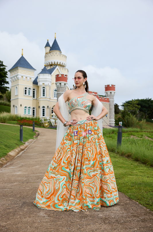 Sunset Glow Designer Skirt Set with Hand-Embroidered Net Dupatta