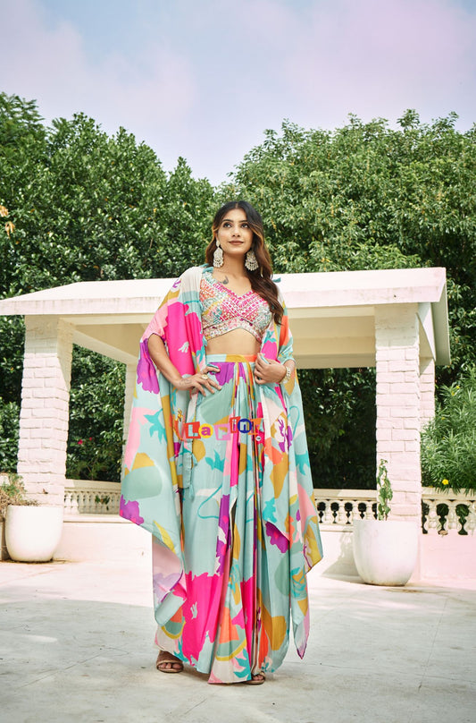 Multicolor Silk Hand Work Drape Skirt Three-Piece Set