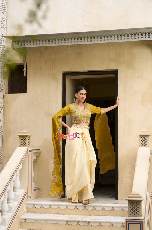 Embroidered Silk Divaider Top with Drape Skirt