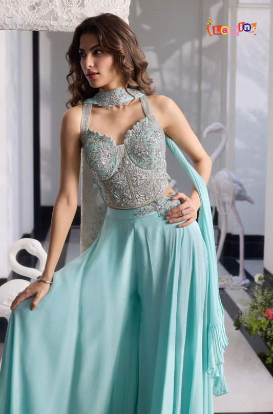 Designer Net Top with Crepe Divider Pants
