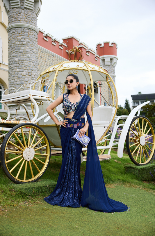 Navy Blue Designer Pre-Draped Saree