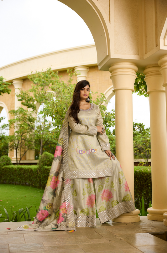 Pista Green Silk Sharara Set with Tikri Work & Printed Dupatta