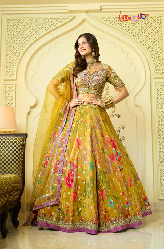 Embroidered Shimmar Printed Lehenga Set