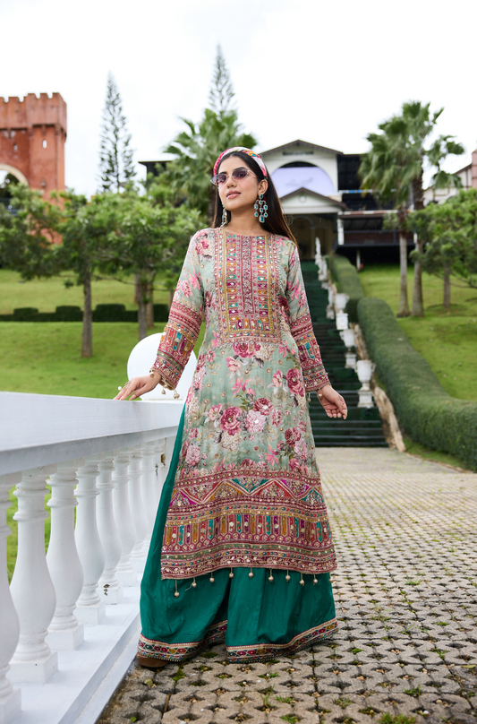 Floral Radiance Long Suit Set with Mirror Embroidery