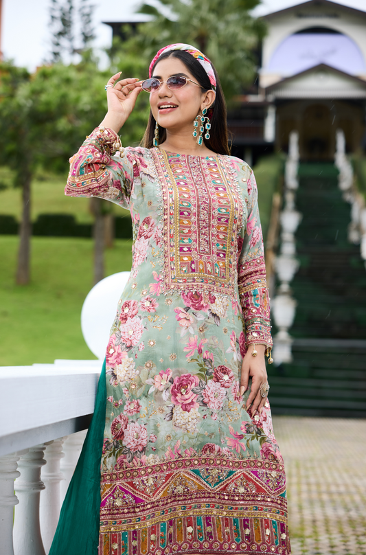 Floral Radiance Long Suit Set with Mirror Embroidery