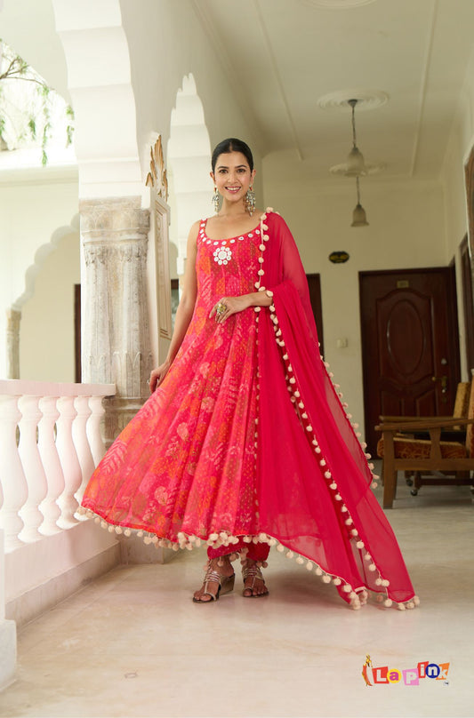 Red Printed Anarkali Set with Pant & Dupatta