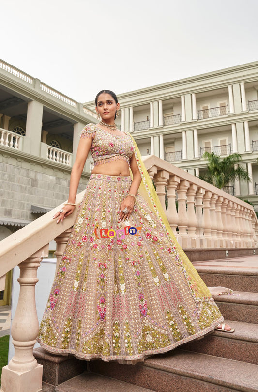 Party Wear Cream Lehenga Set with Contrast Dupatta