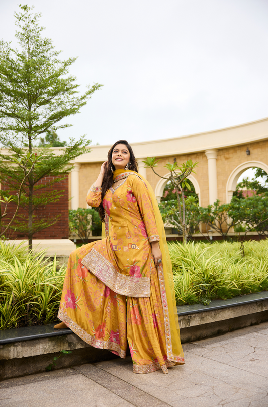 Golden Glow Yellow Sharara Set with Bold Embroidered Borders