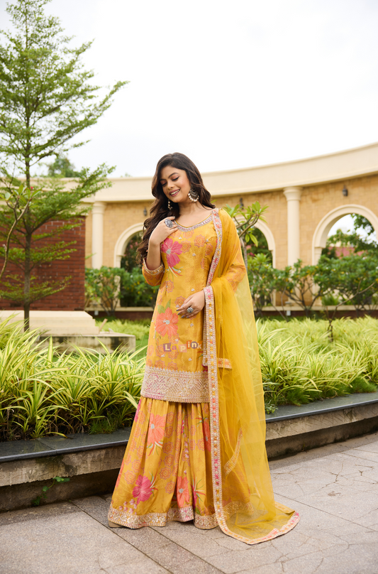 Golden Glow Yellow Sharara Set with Bold Embroidered Borders