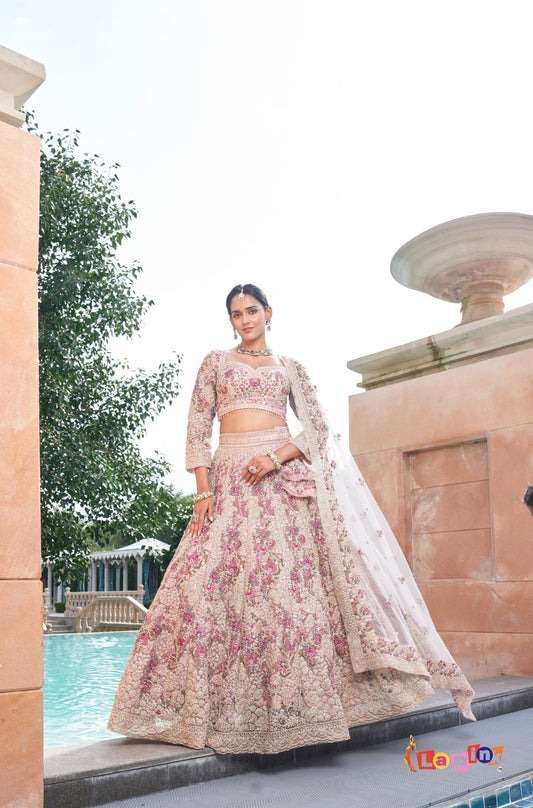 Peach Embroidered Net Lehenga Set with Dupatta
