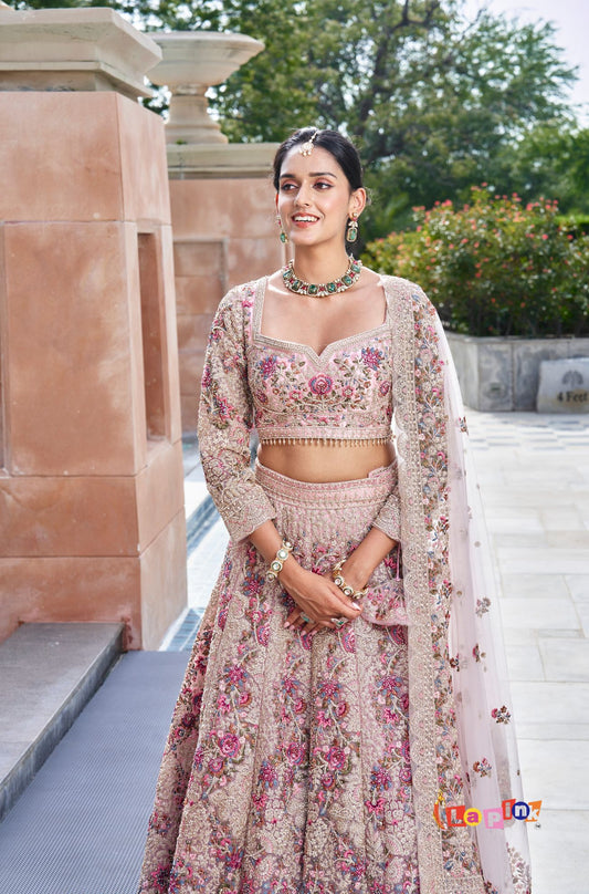 Peach Embroidered Net Lehenga Set with Dupatta