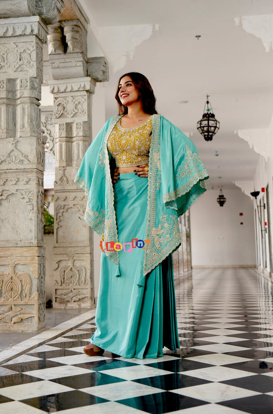 Embroidered Silk Skirt & Cape Set