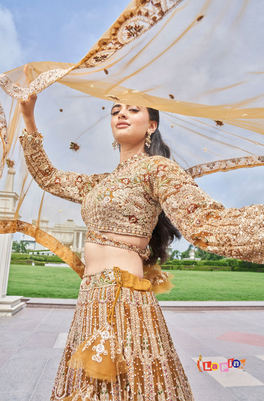 Olive Embroidered Net Lehenga Set with Dupatta