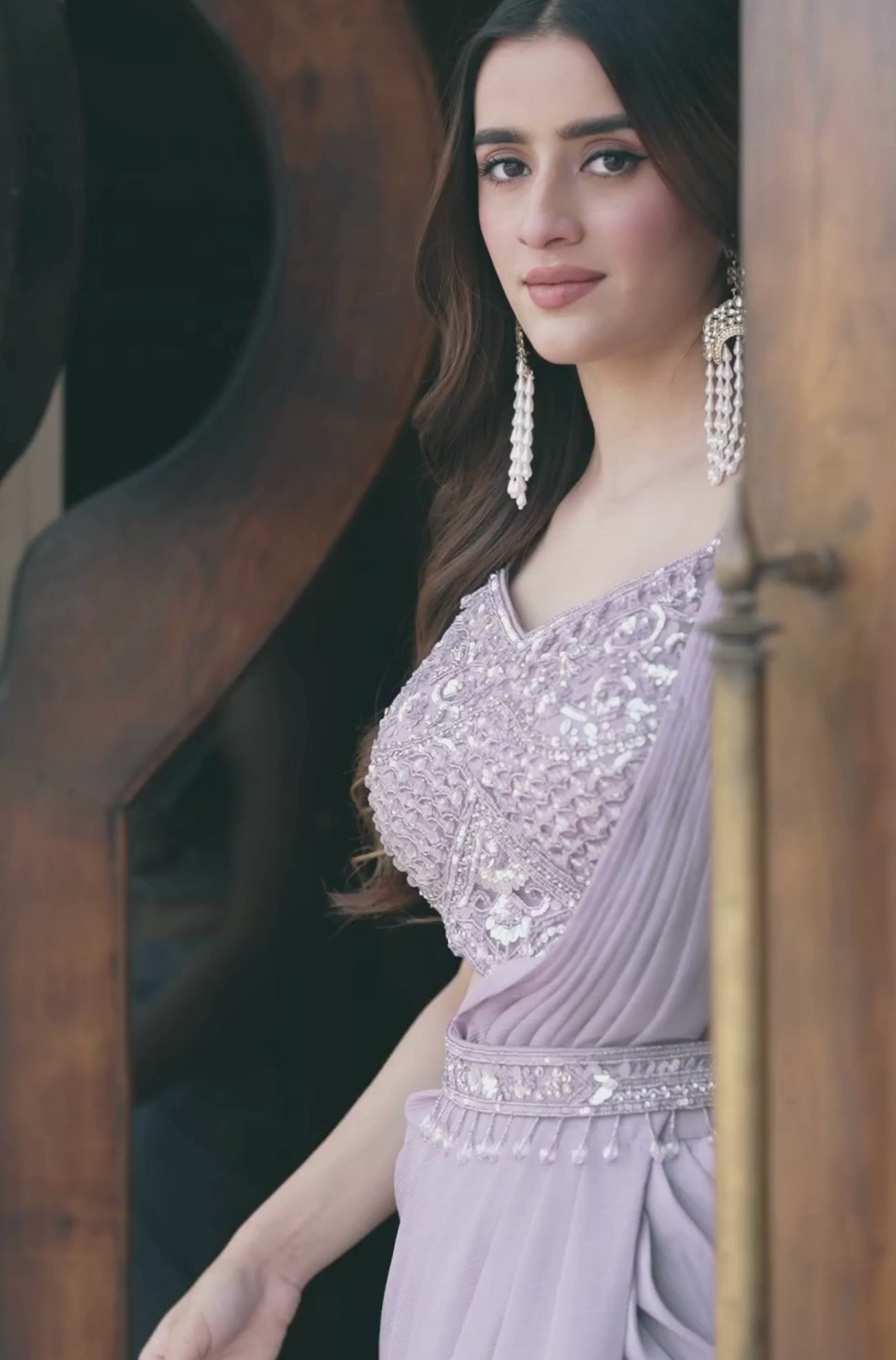 Designer Chinoon Pre-Drape Saree Set