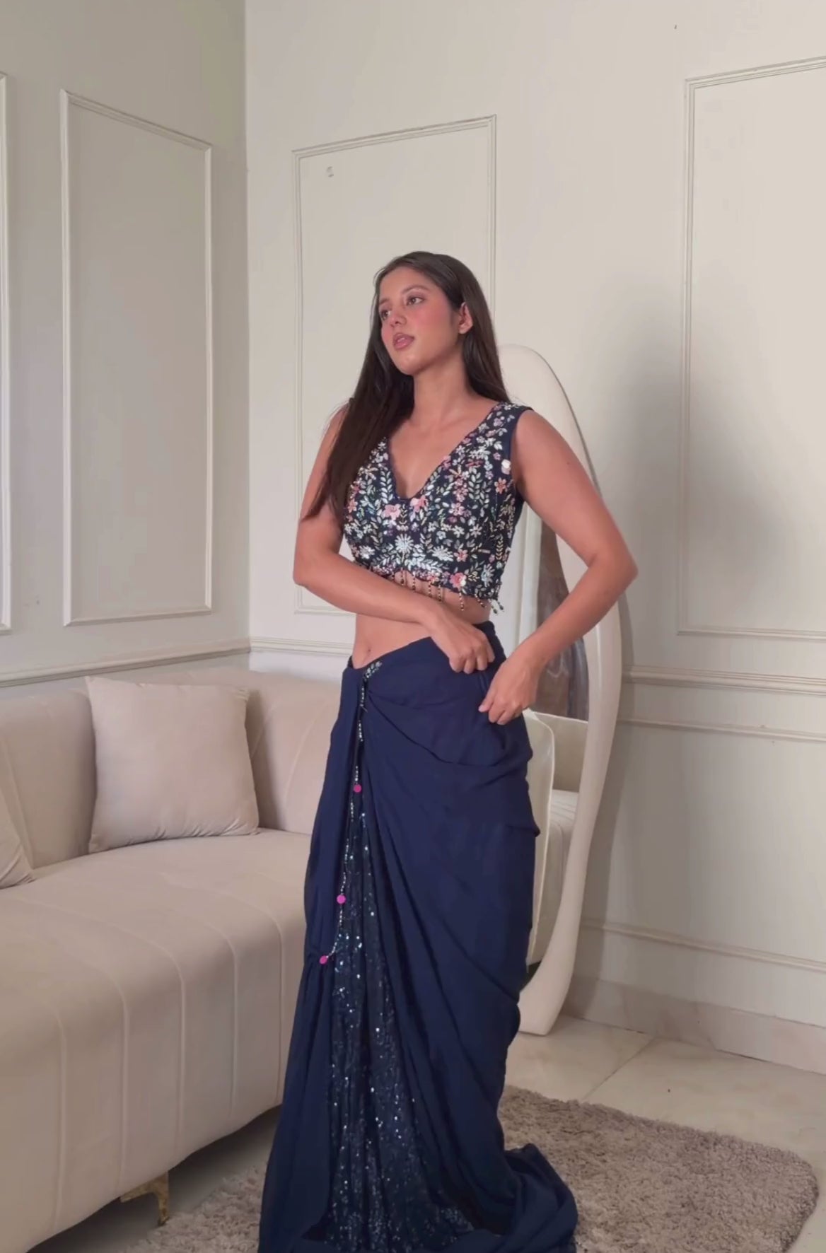 Navy Blue Designer Pre-Draped Saree