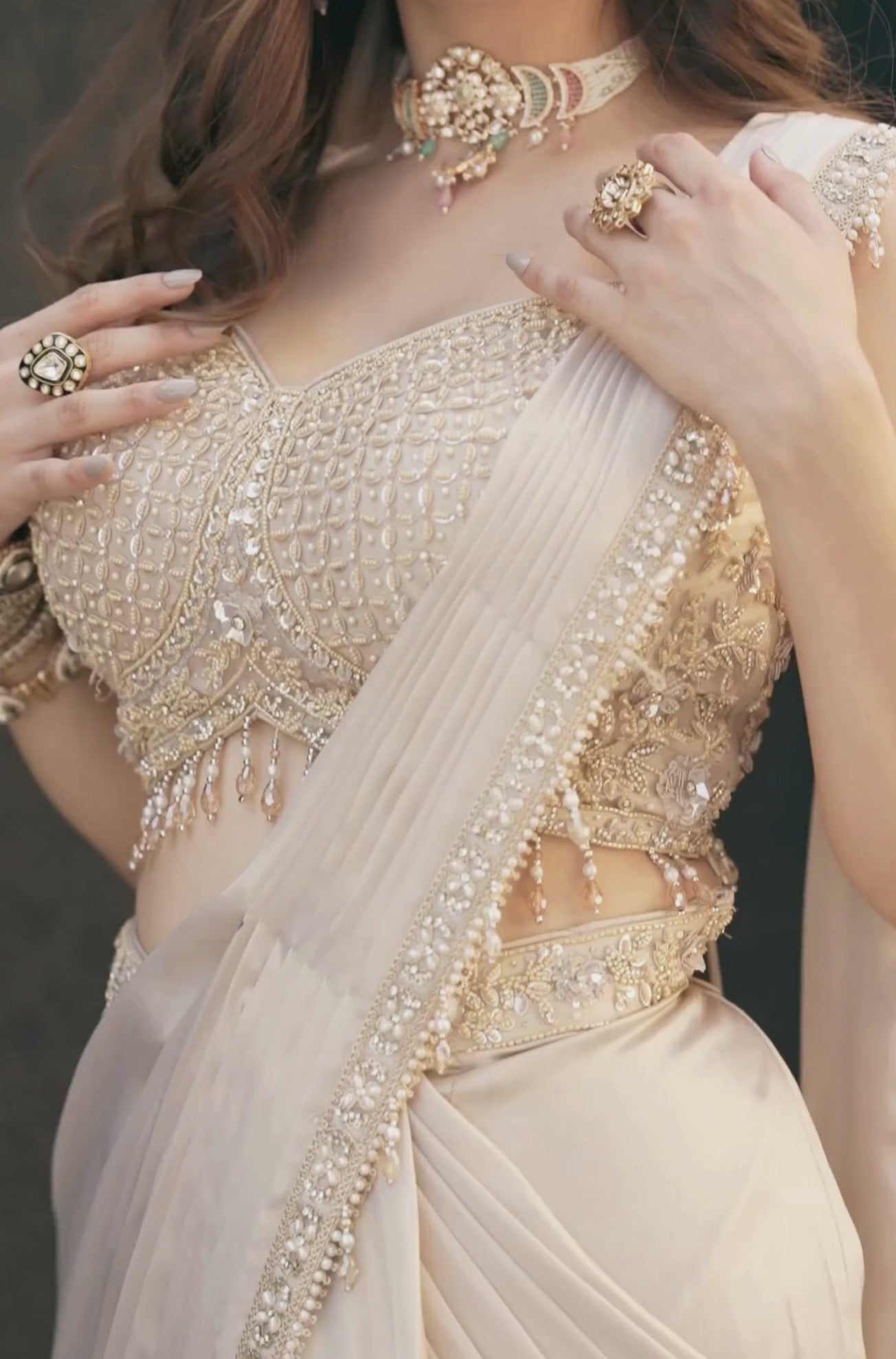 Designer Pre-Draped Saree with Moti and Stone Detailing